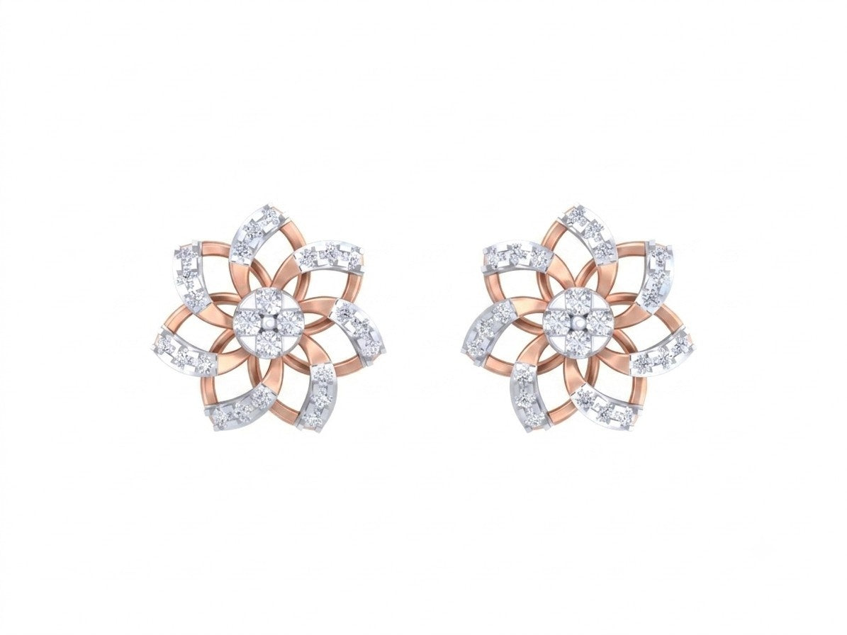 A pair of rose gold and diamond flower-shaped stud earrings, displayed on a solid white background.