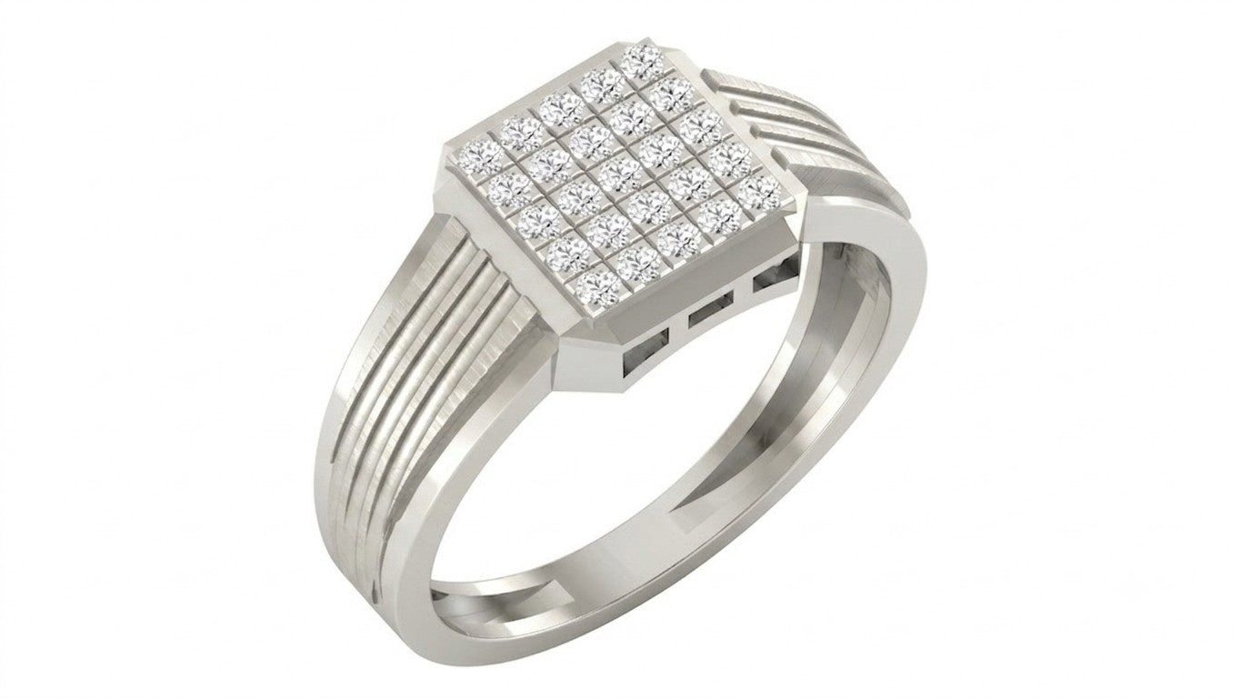 A white gold ring with a square diamond cluster setting, shown on a plain white background.