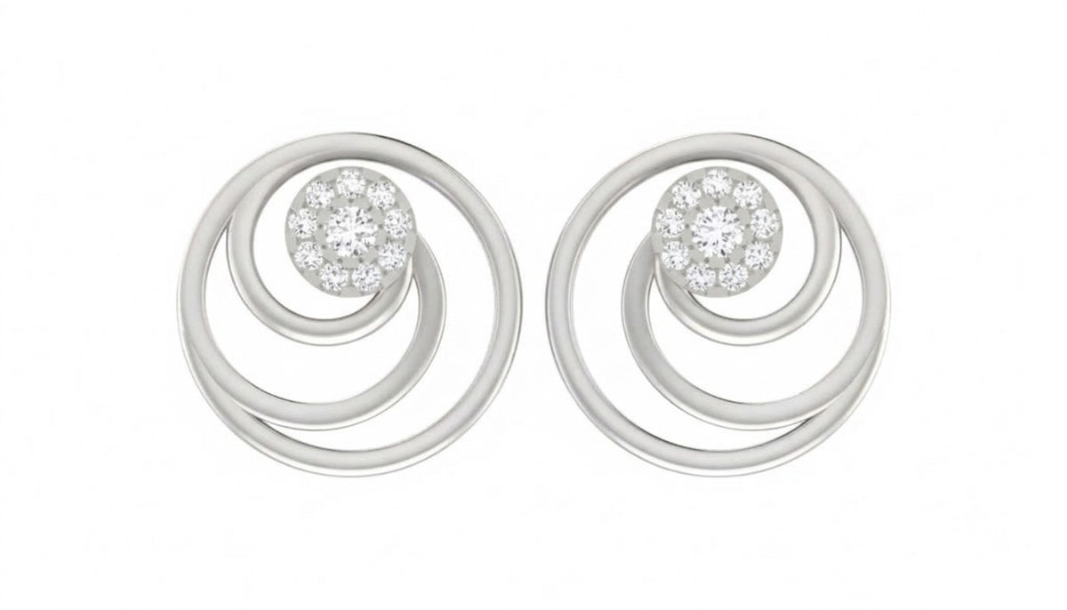 White gold and diamond stud earrings with circular design on a white background.