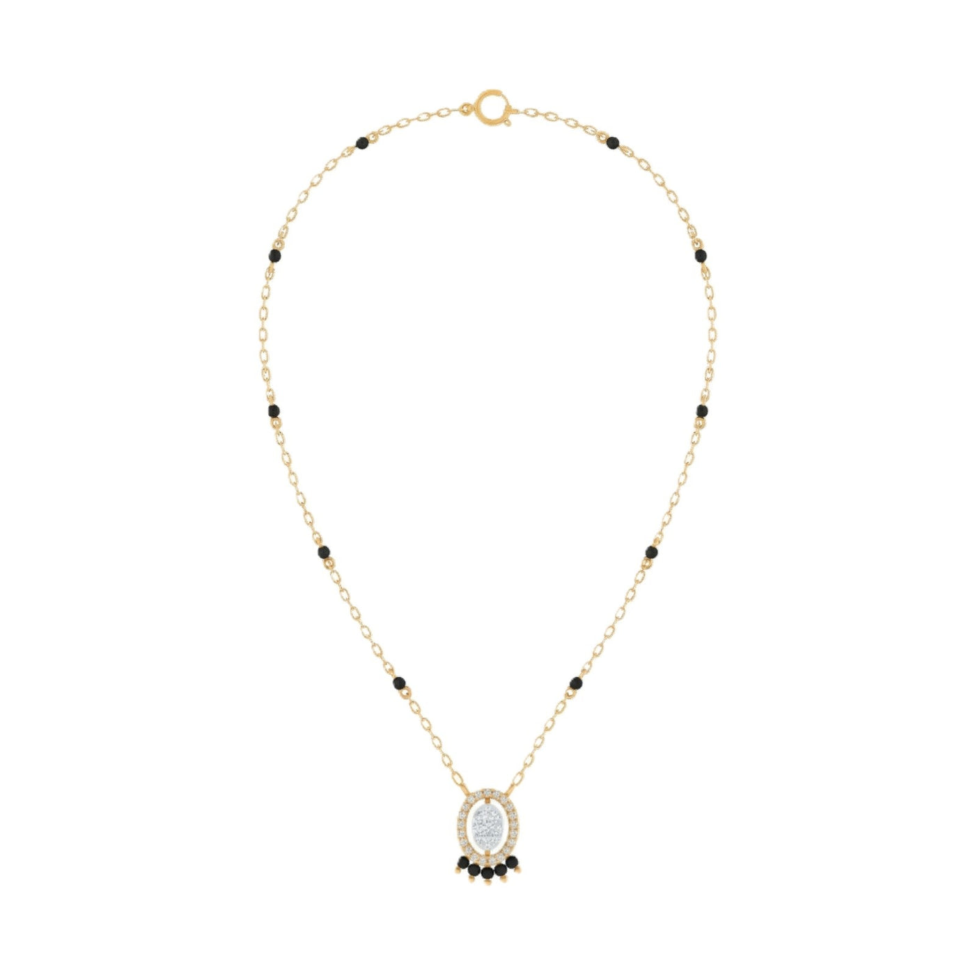 yellow gold mangalsutra with black beads on a white background