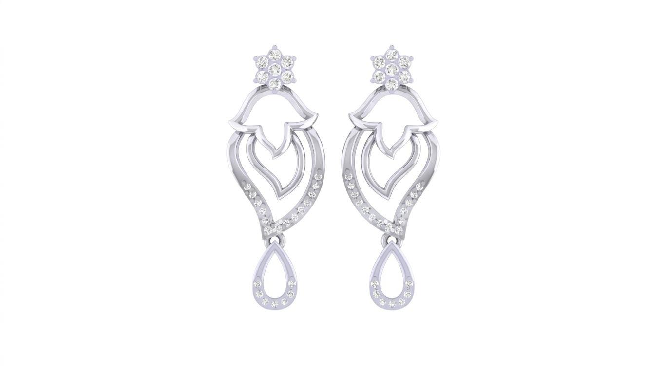 Pair of white gold and diamond earrings with teardrop design on a white background