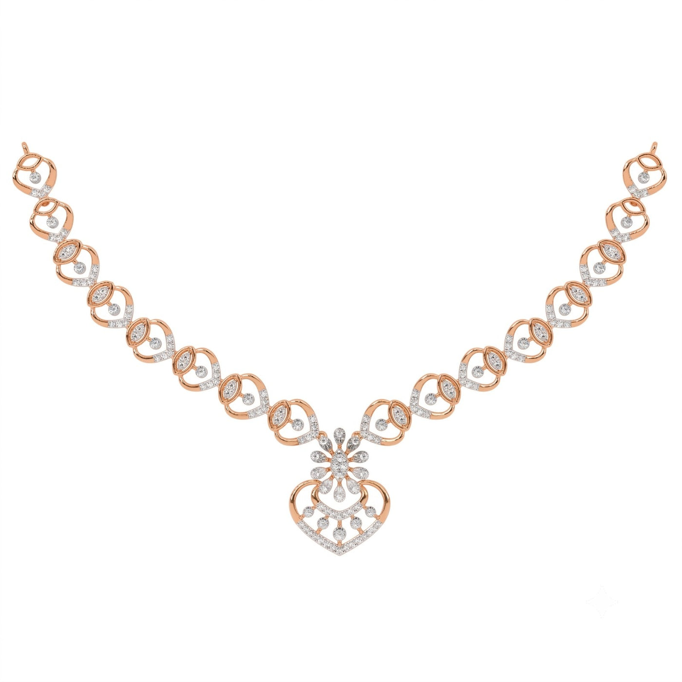 A rose gold and diamond necklace featuring a central floral design, set against a plain white background.