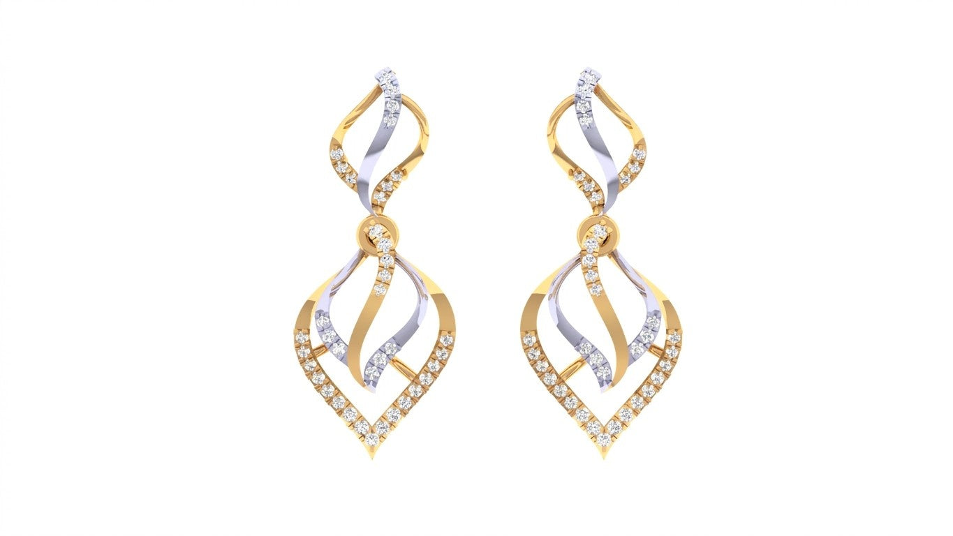 Pair of yellow gold and diamond dangler earrings on a white background