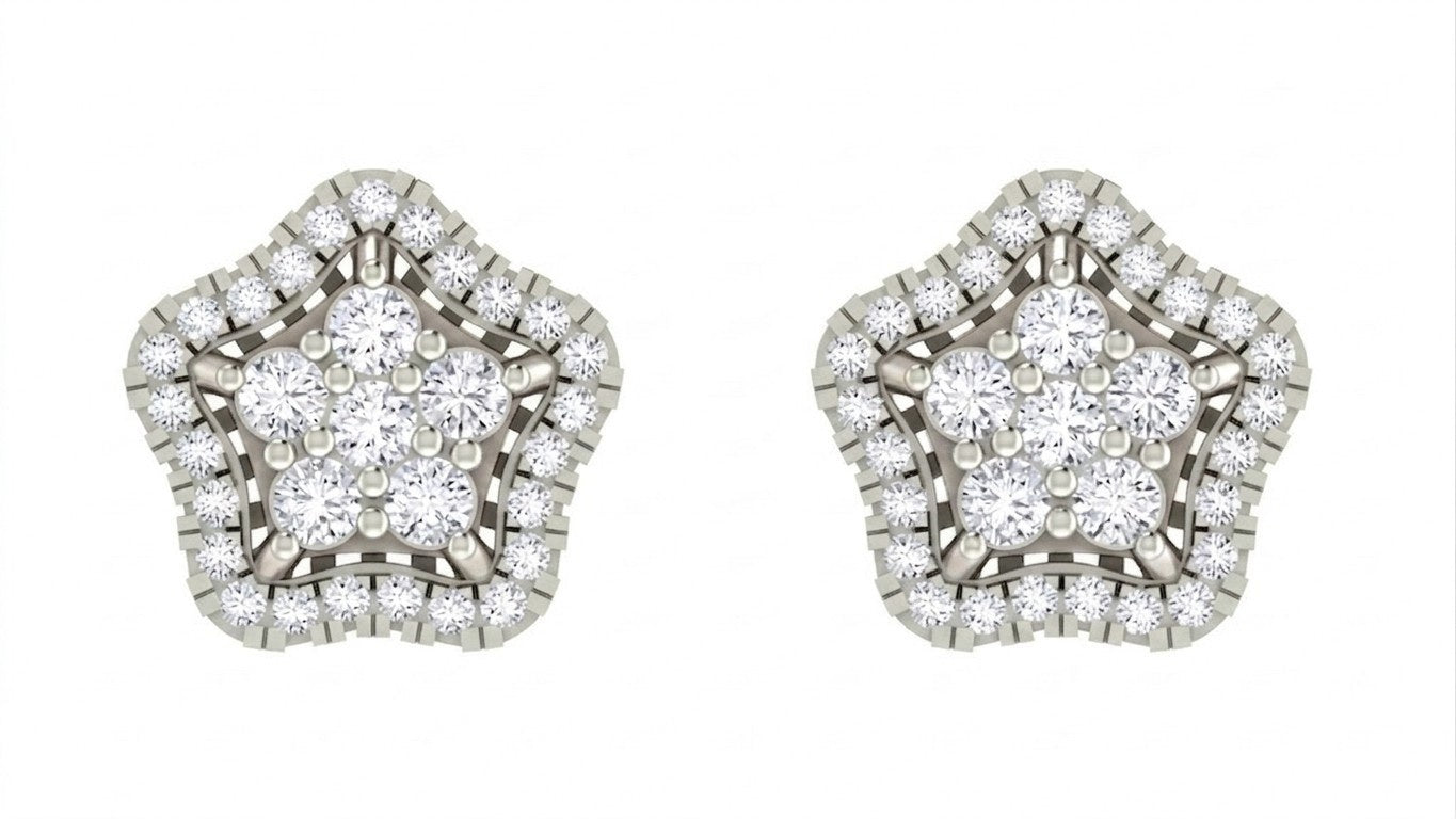 Star-shaped earrings with white gold and diamond detailing on a white background