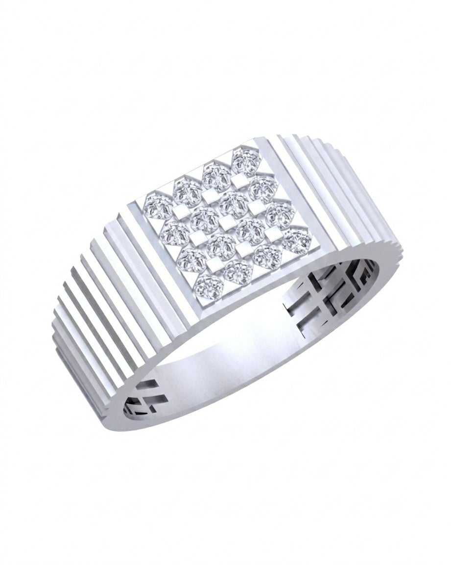 A men's ring featuring a white gold band with a rectangular center set, on a white background.