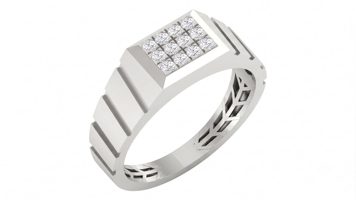 White gold and diamond band ring for men featuring a classic design with sparkling diamond accents.