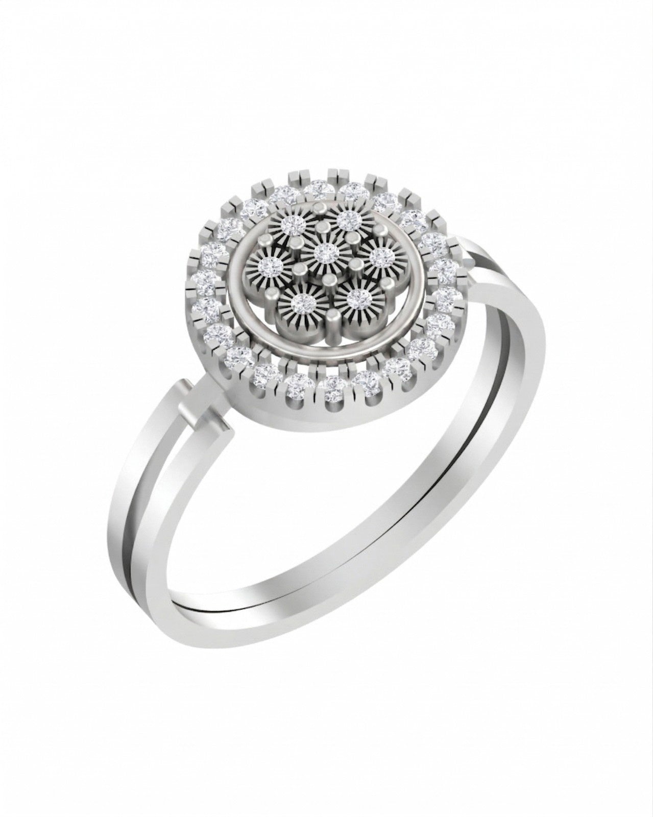 Gold ring with floral design and clear stones on a white background