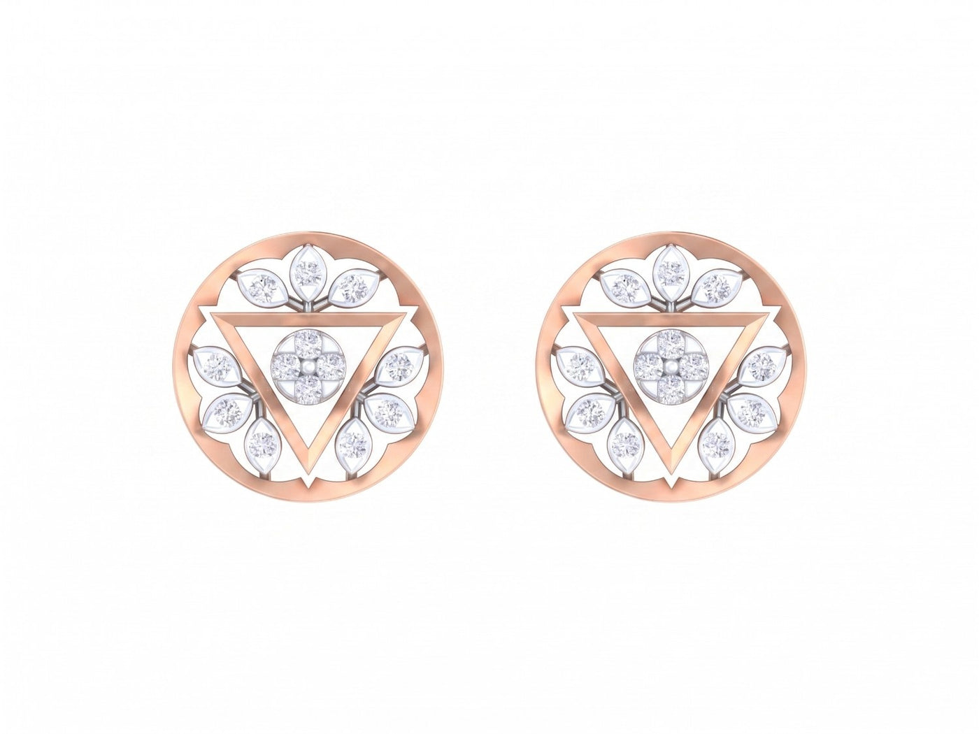 Rose gold and diamond round-shaped stud earrings with triangular design on a white background