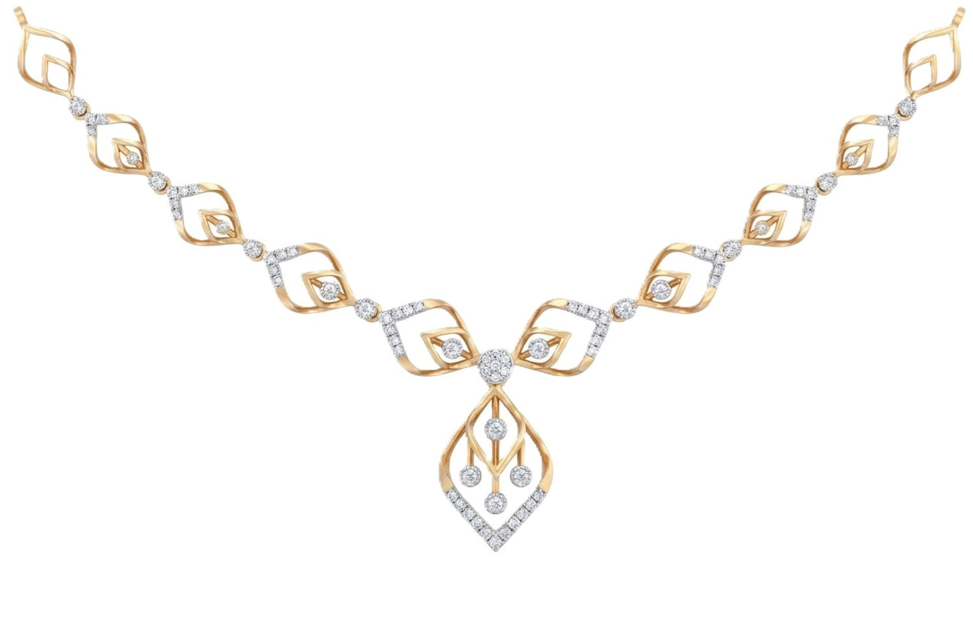 Yellow gold and diamond necklace on a white background