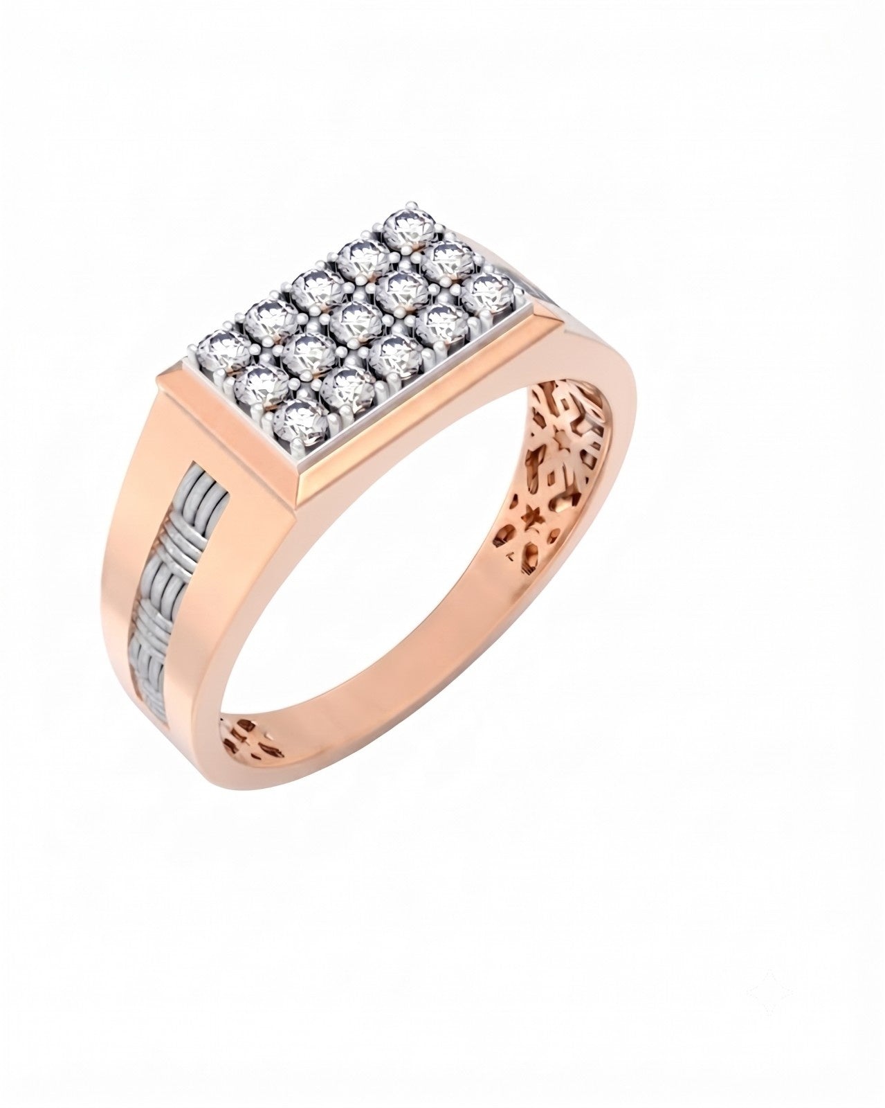 A men's signet ring featuring a rose gold band with a diamond rectangular, on a white background.