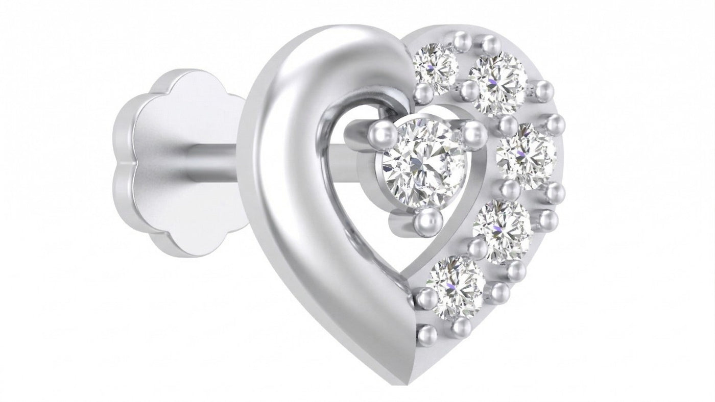 Heart-shaped white gold and diamond heart nose pin with embedded diamonds on a white background