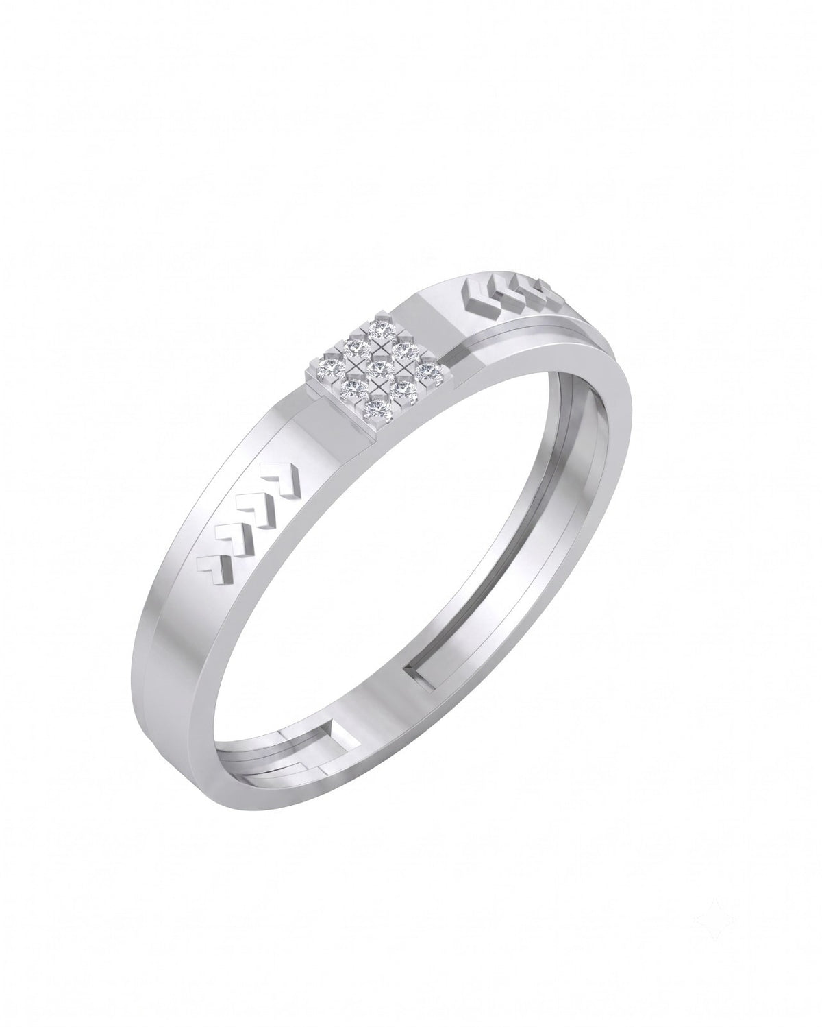A white gold band ring featuring a square diamond setting, shown against a plain white background.