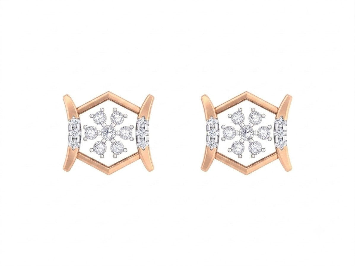 Rose gold and diamond stud earring on a white background.