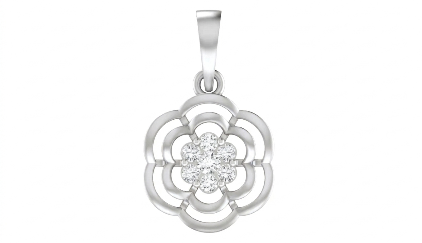 White gold pendant with a floral design and clear gemstone on a white background