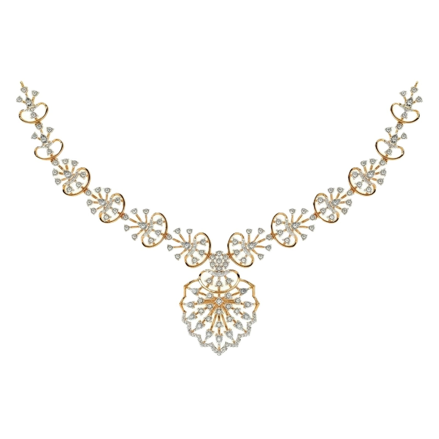 Yellow gold and diamond necklace on a white background