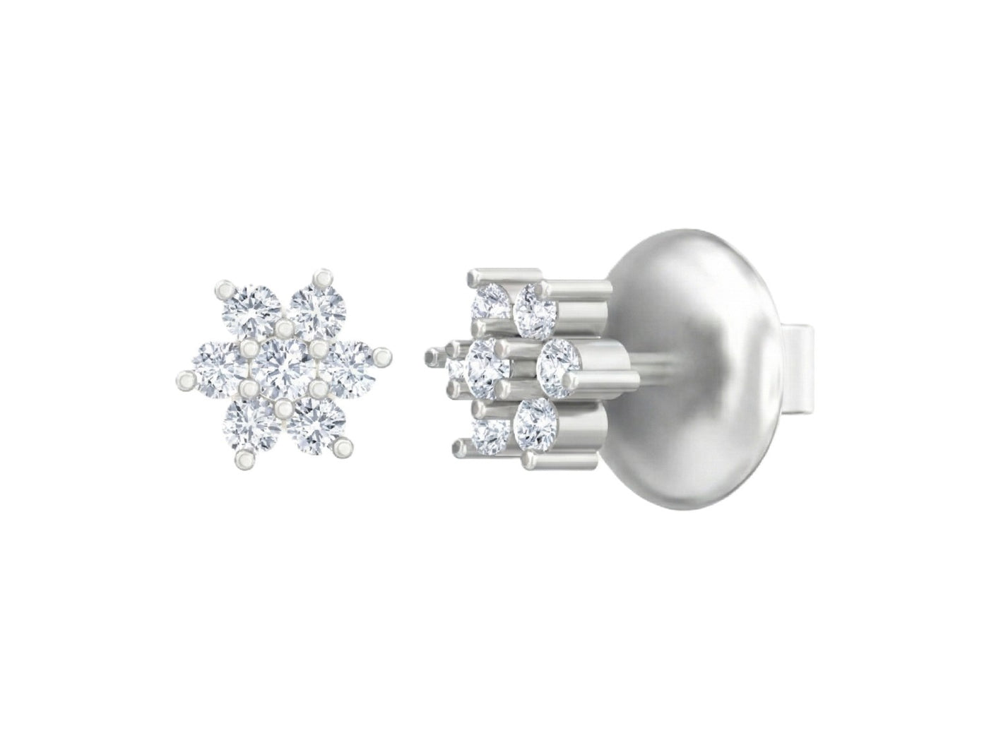 White gold and diamond floral stud earrings on a white background
