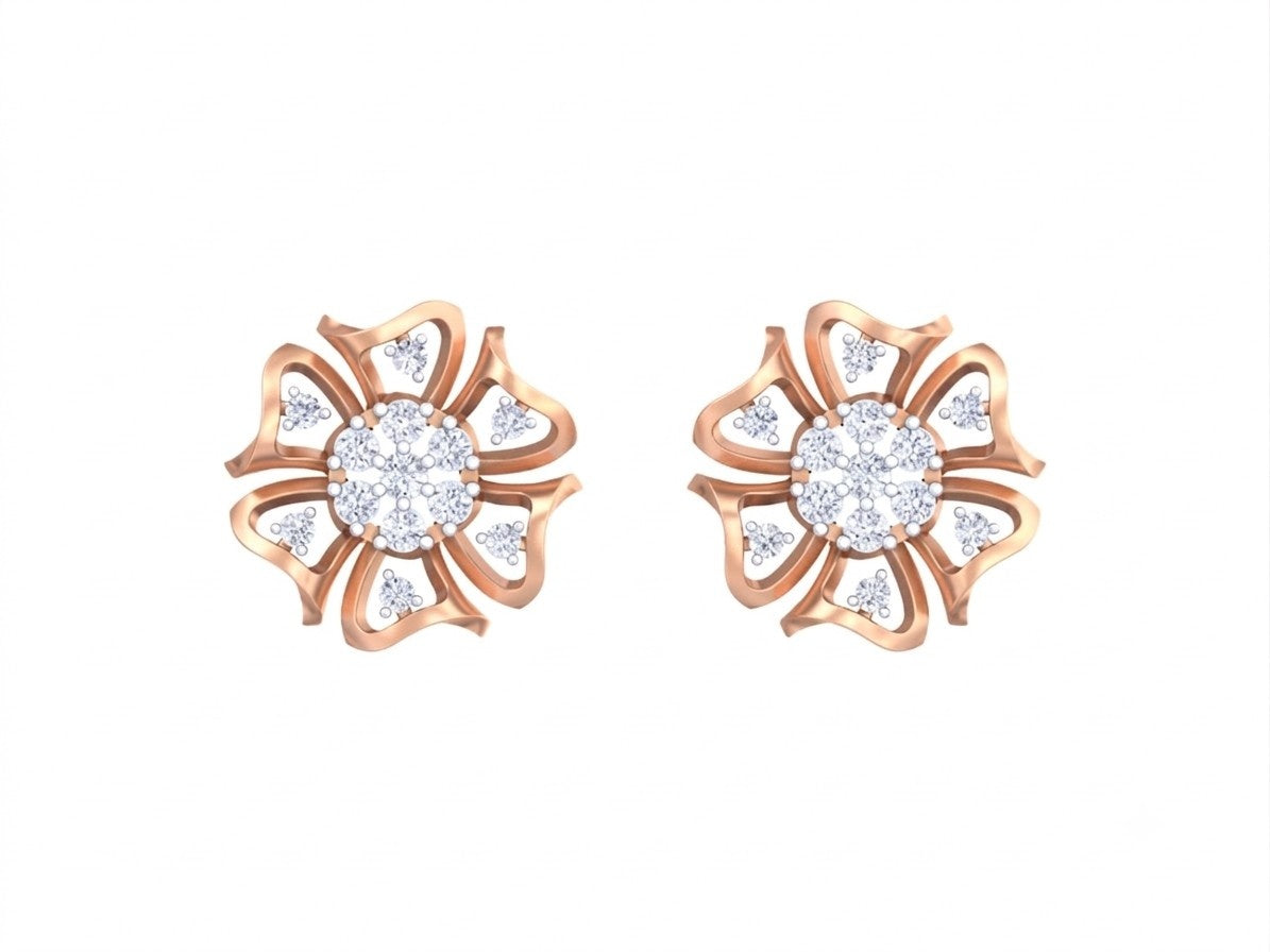 A pair of rose gold flower-shaped stud earrings, shown on a plain white background.