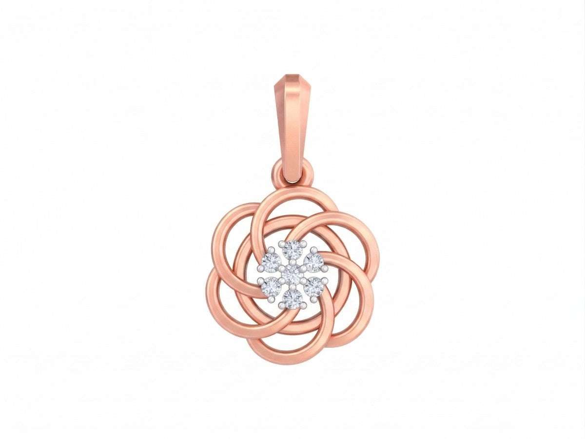 Rose gold pendant with diamond center on a white background