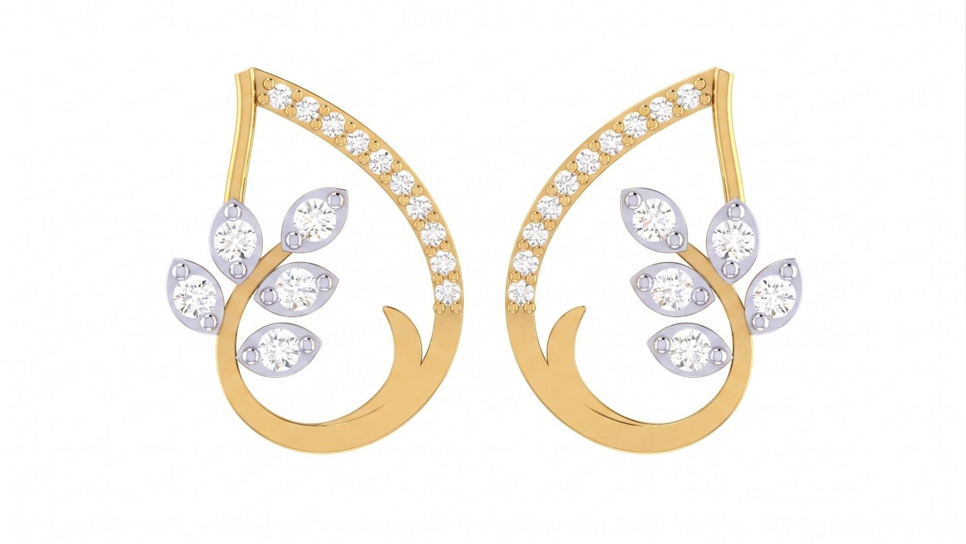 Yellow gold and diamond floral earrings stones on a white background