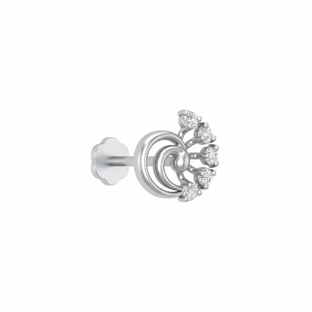 white gold and diamond stud nose pin with diamond accents on a white background