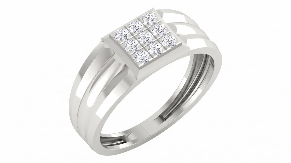 A white gold and diamond ring featuring a square diamond cluster on the top, set against a plain white background.