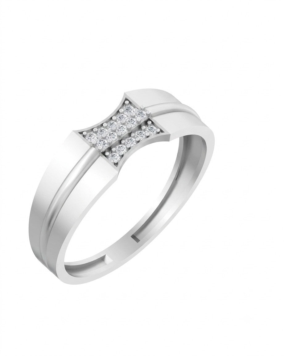 A white gold ring with a geometric, diamond setting on a plain white background.