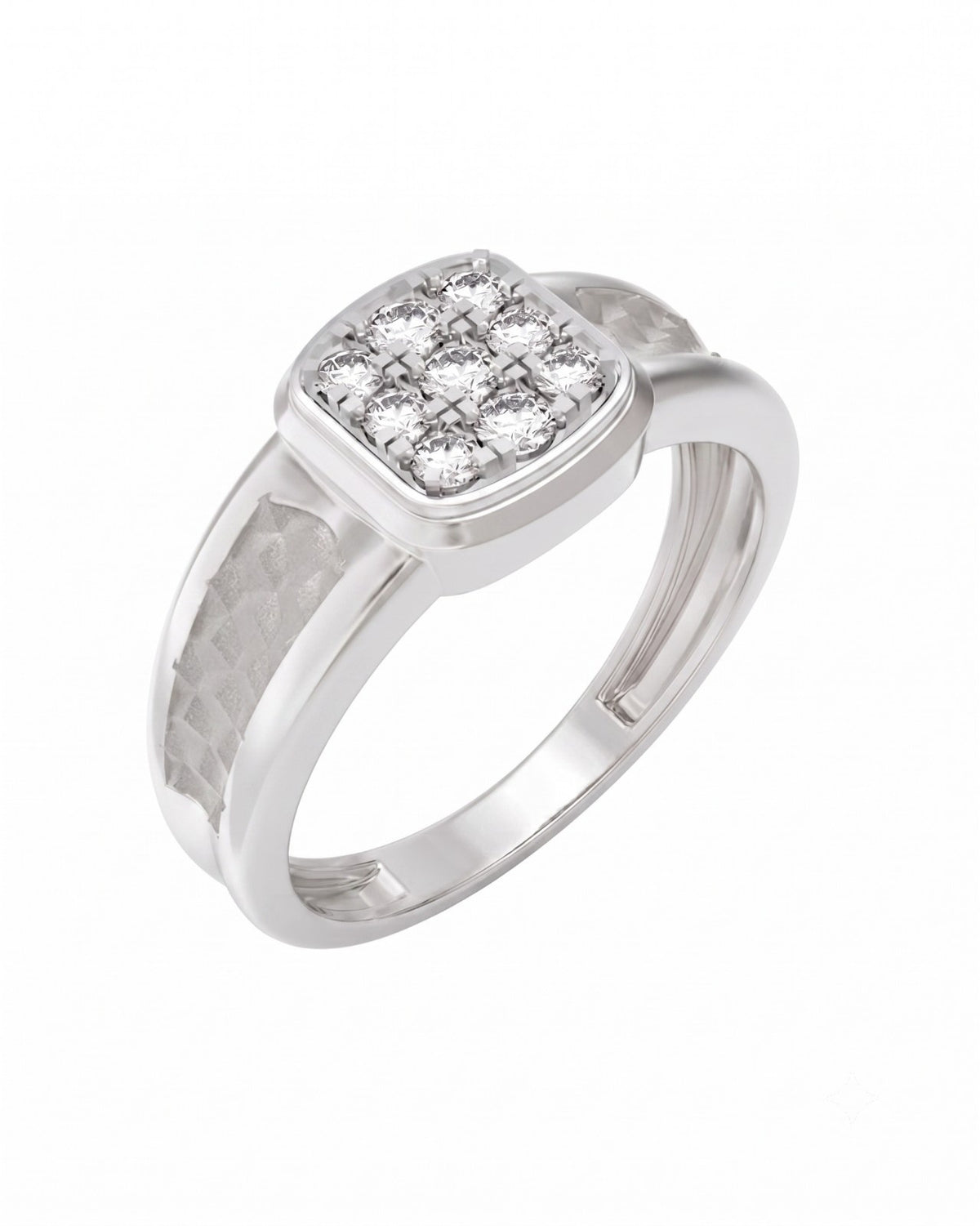A white gold and diamond ring featuring a square-shaped pavé diamond setting on a white background.