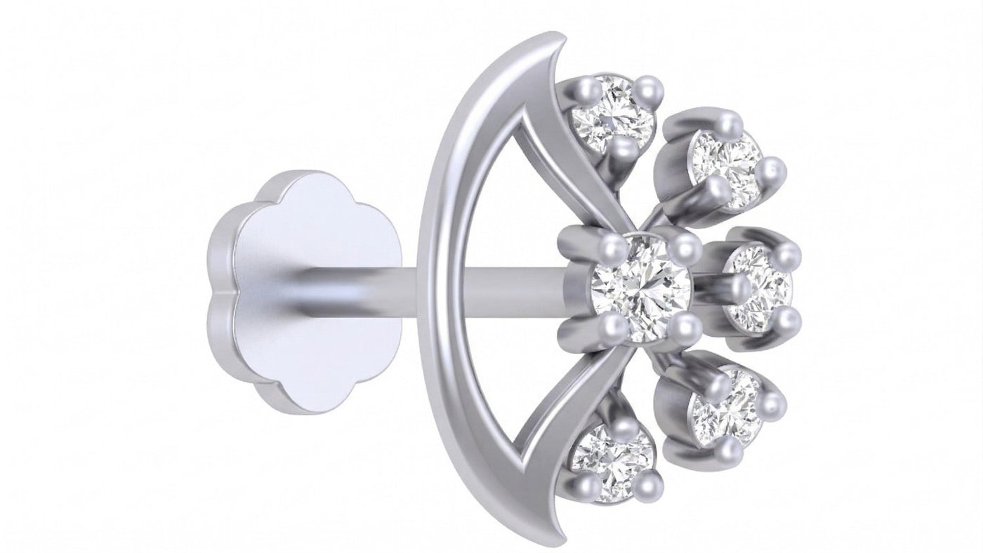 white gold and diamond stud nose pin with diamonds on a white background