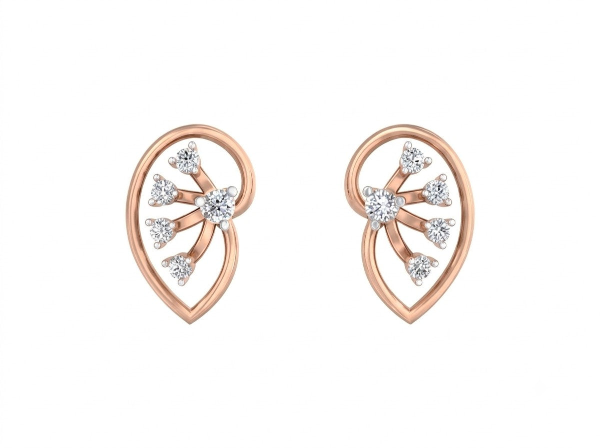 Rose gold and diamond earrings on a white background.