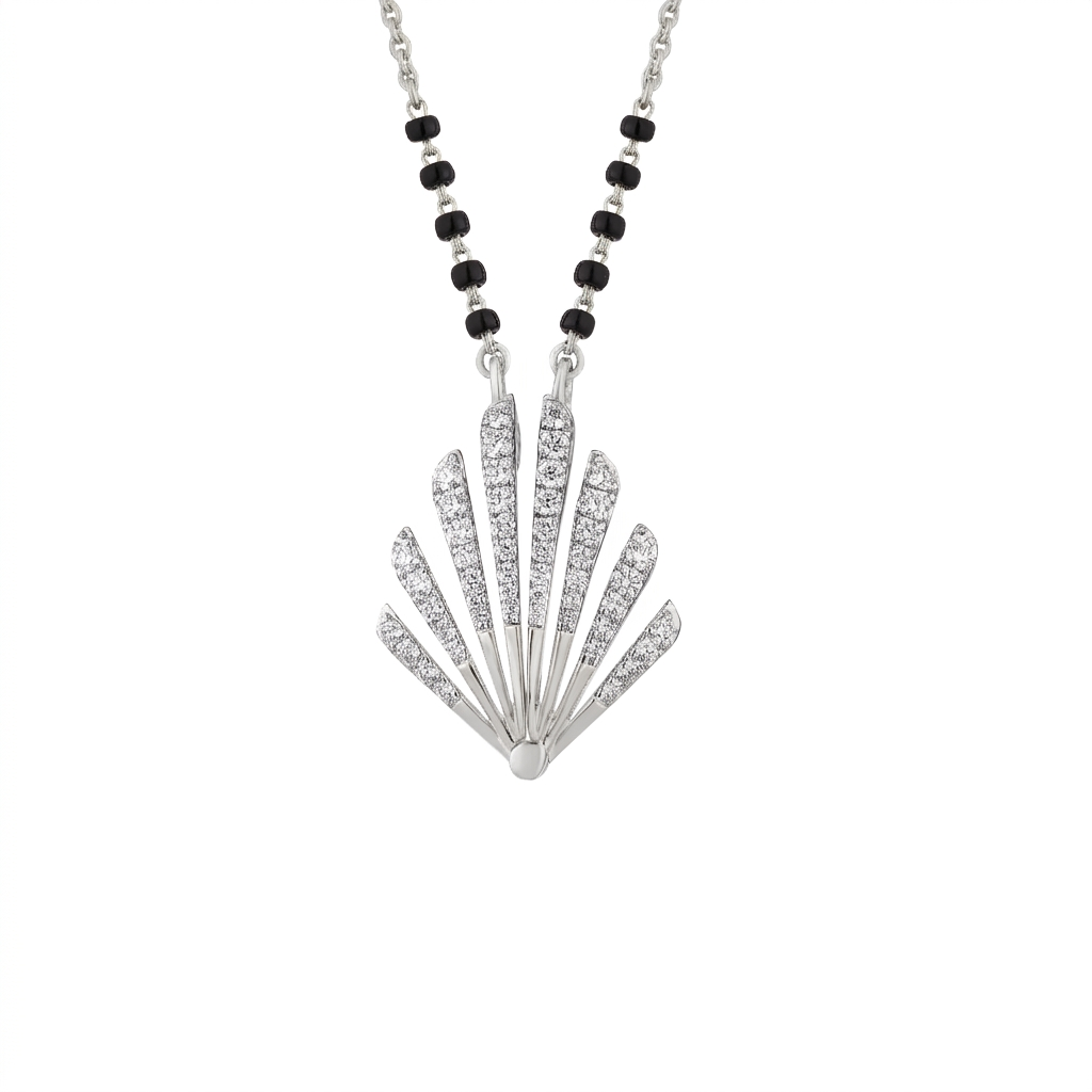 Mangalsutra with a fan-shaped mangalsutra and black beads on a white background