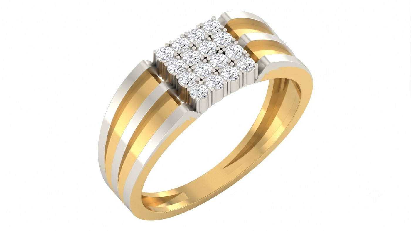 A yellow gold and diamond ring featuring a square cluster on the top, shown against a plain white background.