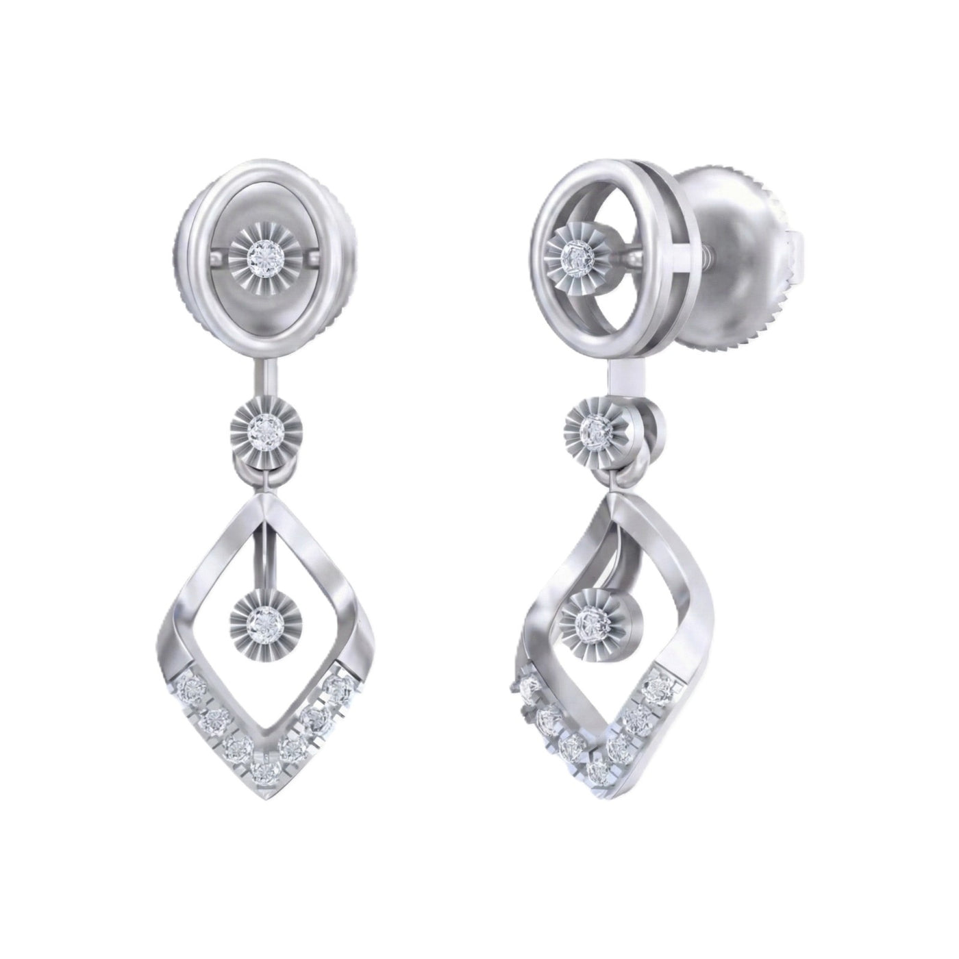 Gold & diamond geometric women dangler earrings crafted in premium white gold with an open-frame diamond design.
