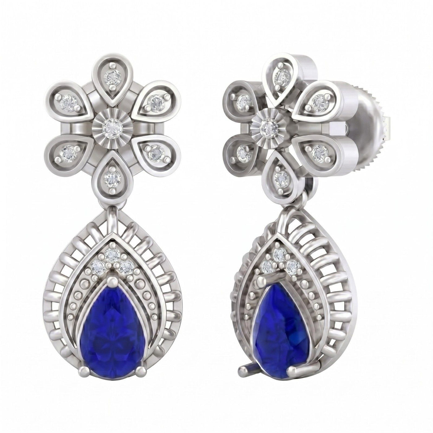 White gold and diamond drop earrings with sapphire gemstones on a white background