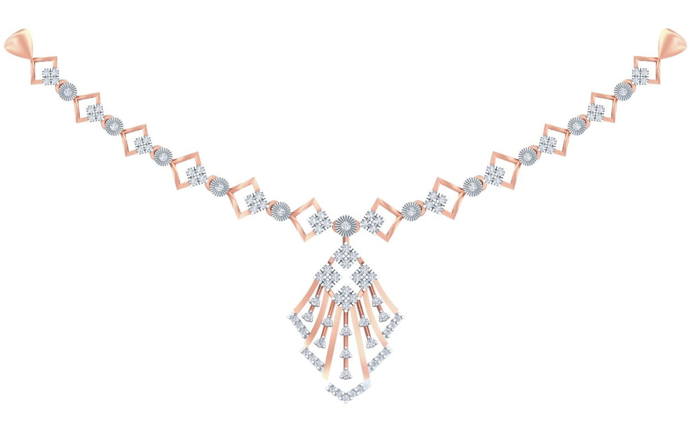 A rose gold and diamond necklace with a geometric style, displayed on a solid white background.