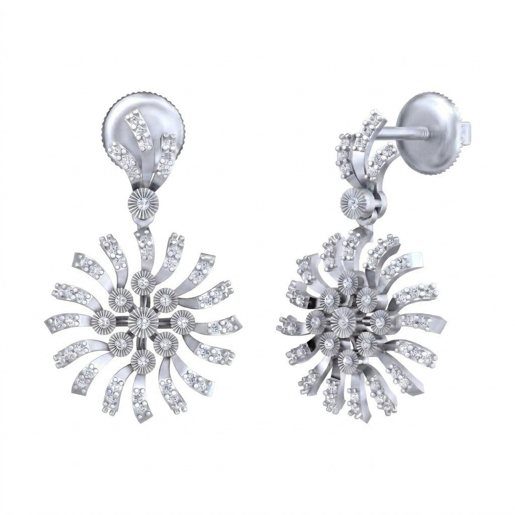 White gold floral earrings on a white background