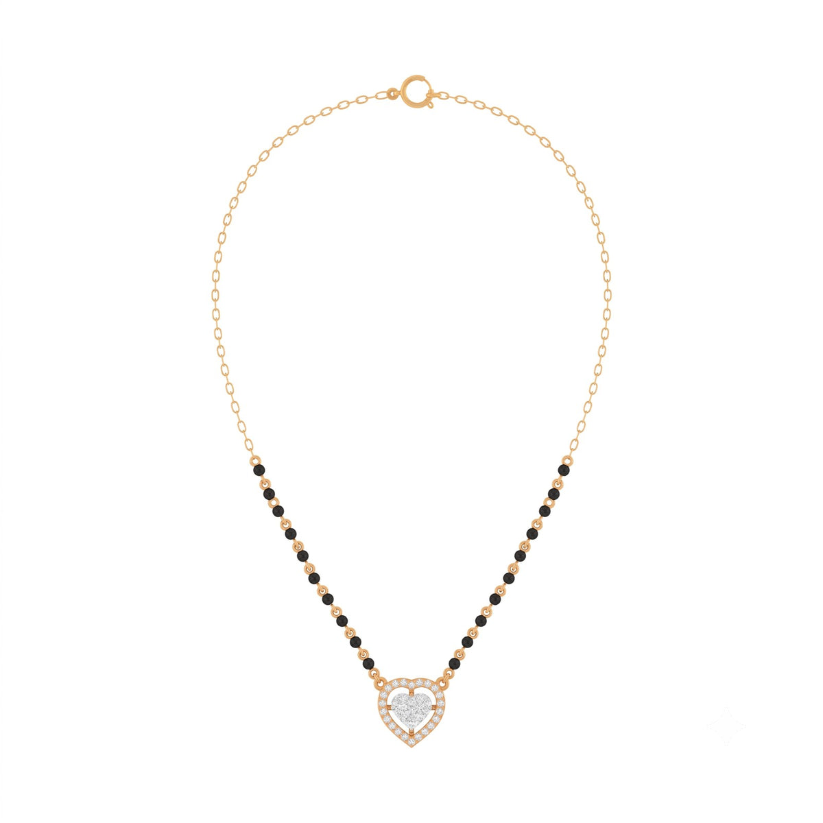 Yellow gold & diamond heart mangalsutra on white background