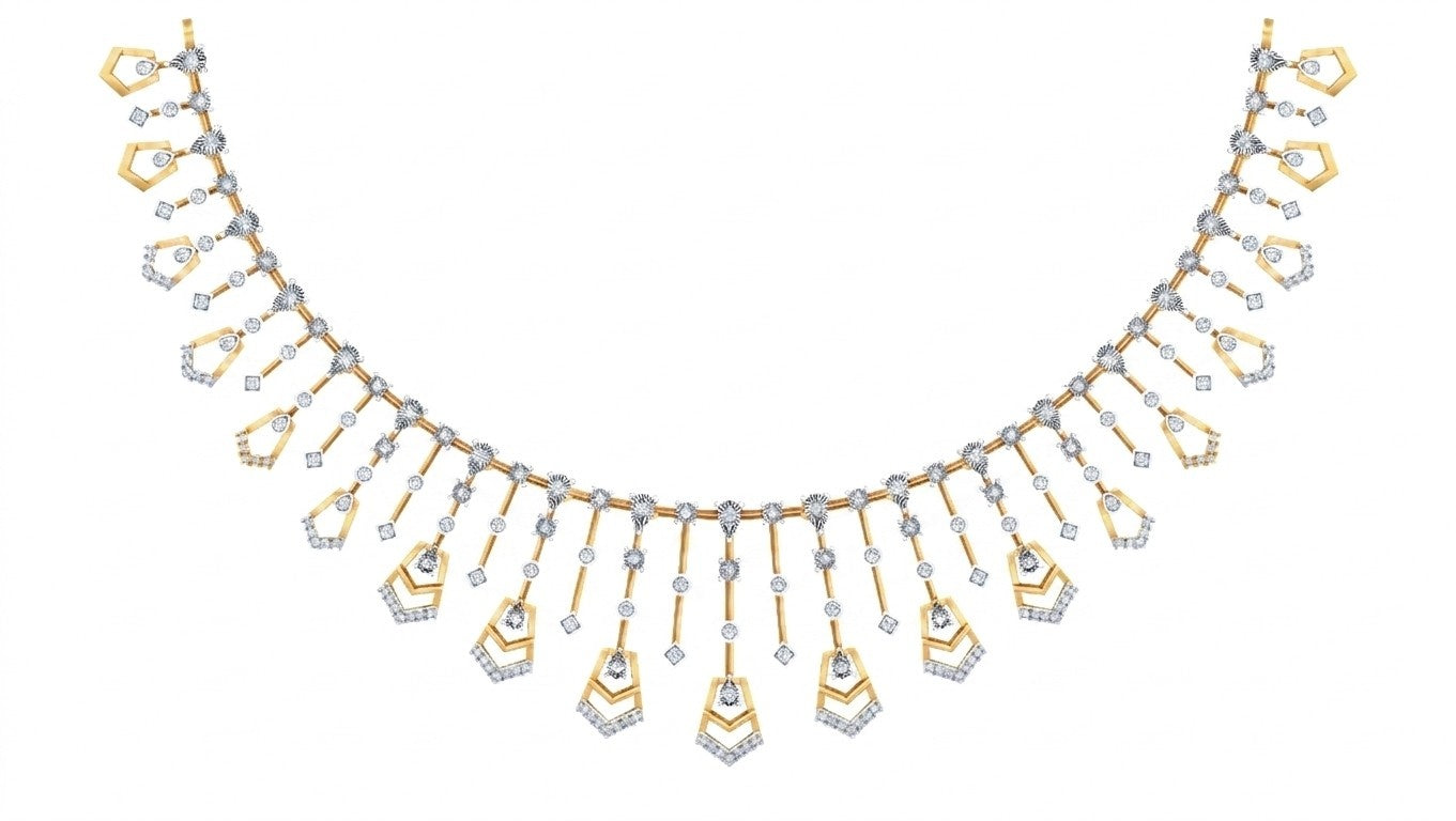 Yellow gold and diamond necklace with fringe design on a white background