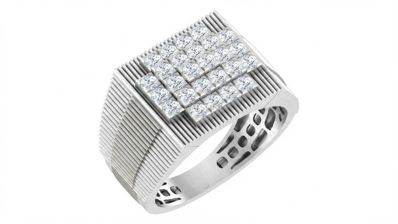 A men's signet ring featuring a white gold with a textured geometric face paved, set against a plain white background.