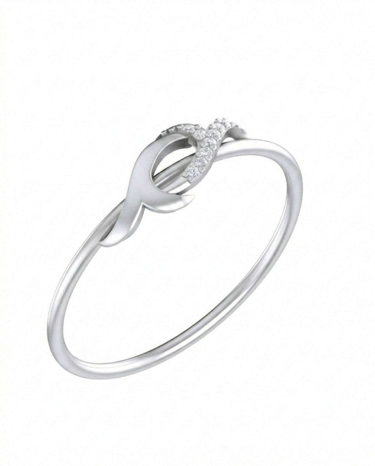 White gold infinity ring with diamond accents on a white background