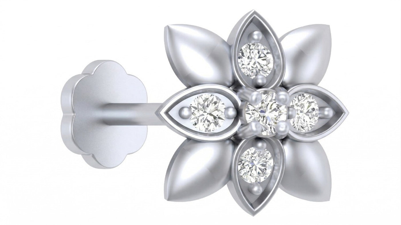 white gold and diamond stud nose pin on a white background