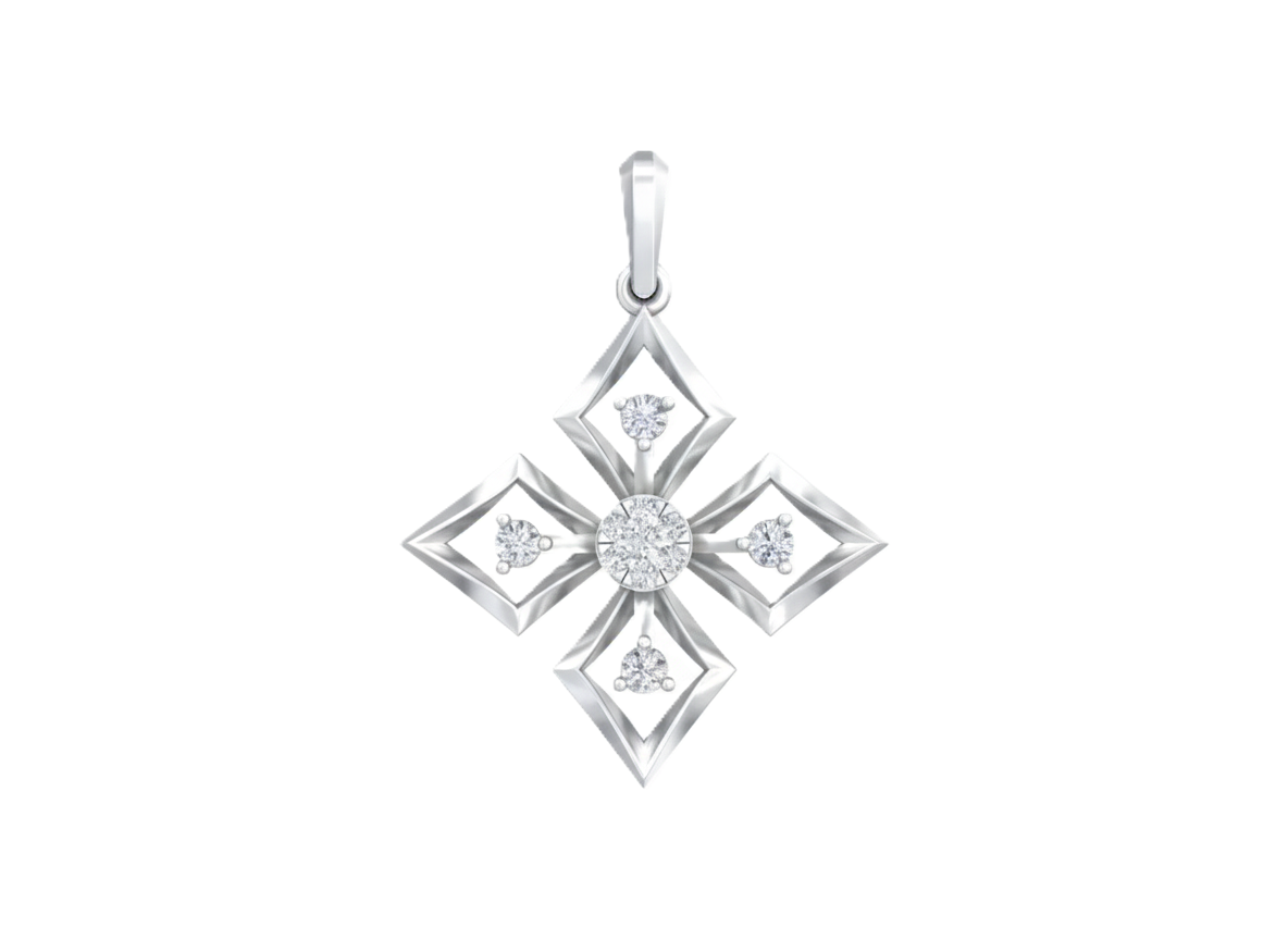 white gold cross-shaped pendant with embedded diamonds on a white background