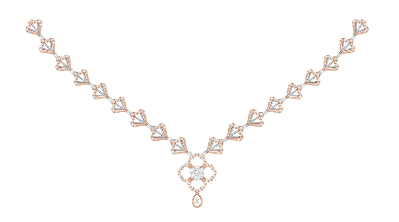 Rose gold necklace with diamond accents on a white background