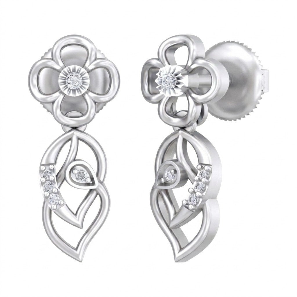 White gold and diamond Drop earrings with floral design on a white background