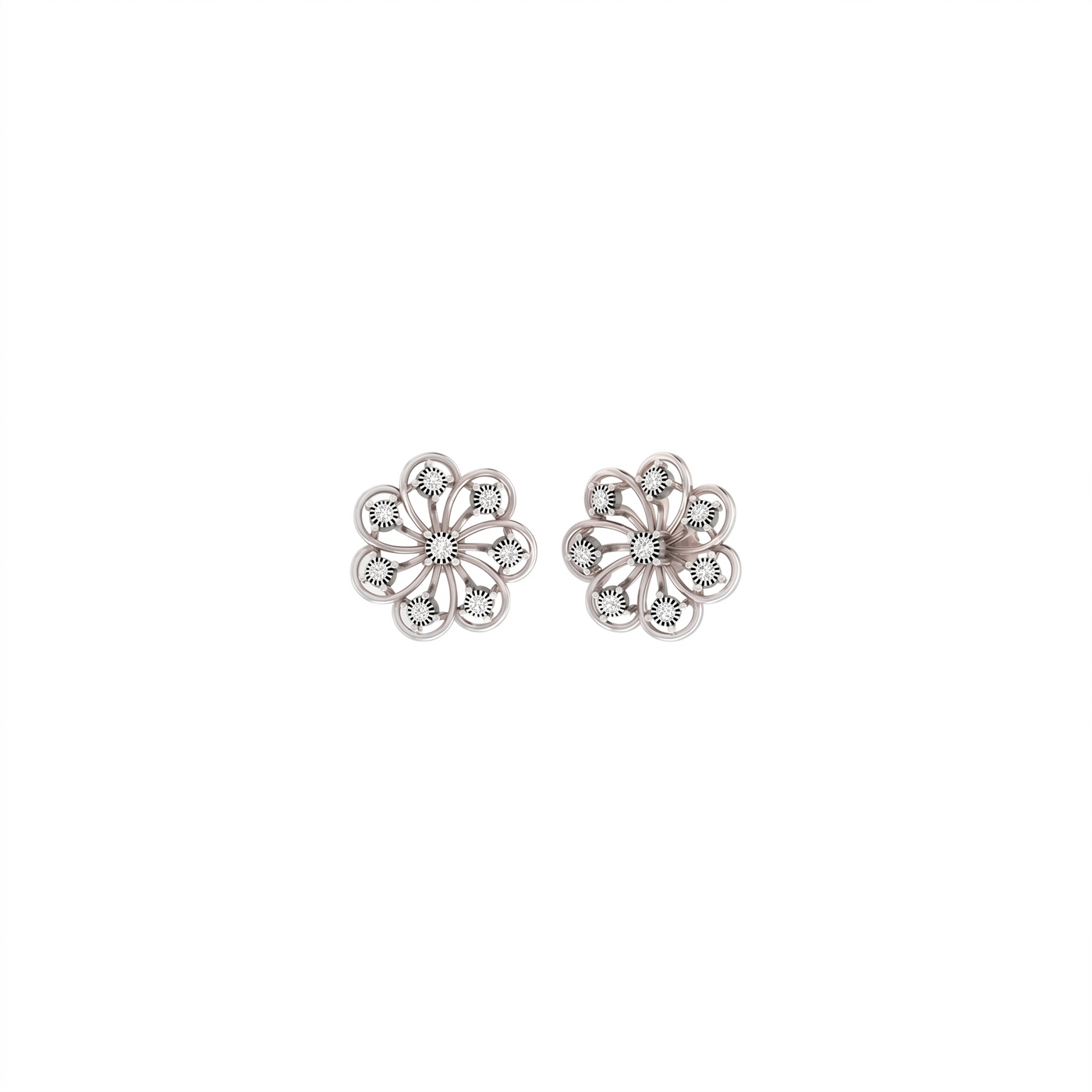Pair of white gold and diamond floral earrings on a white background