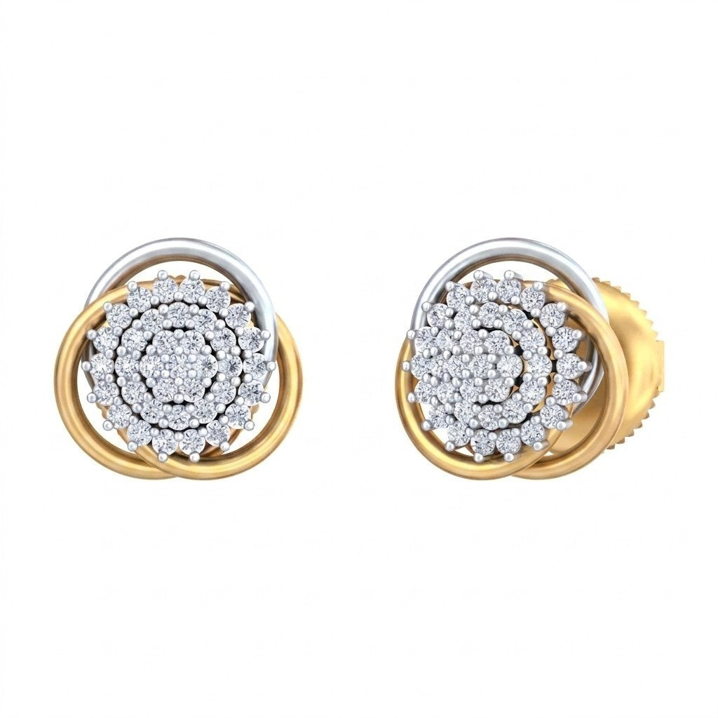 A pair of yellow gold and diamond double-ring stud earrings with a central cluster, shown on a plain white background.