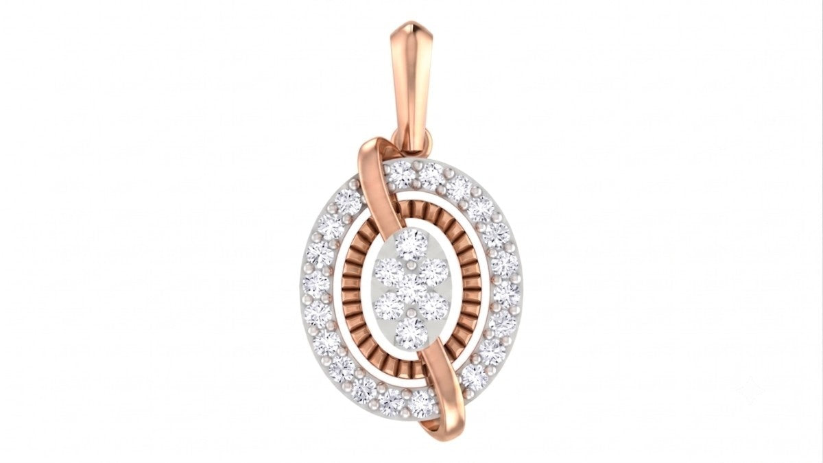 Rose gold and diamond pendant with circular design on a white background