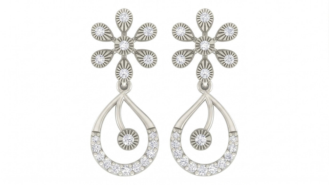 Pair of white gold and diamond floral drop earrings on a white background.