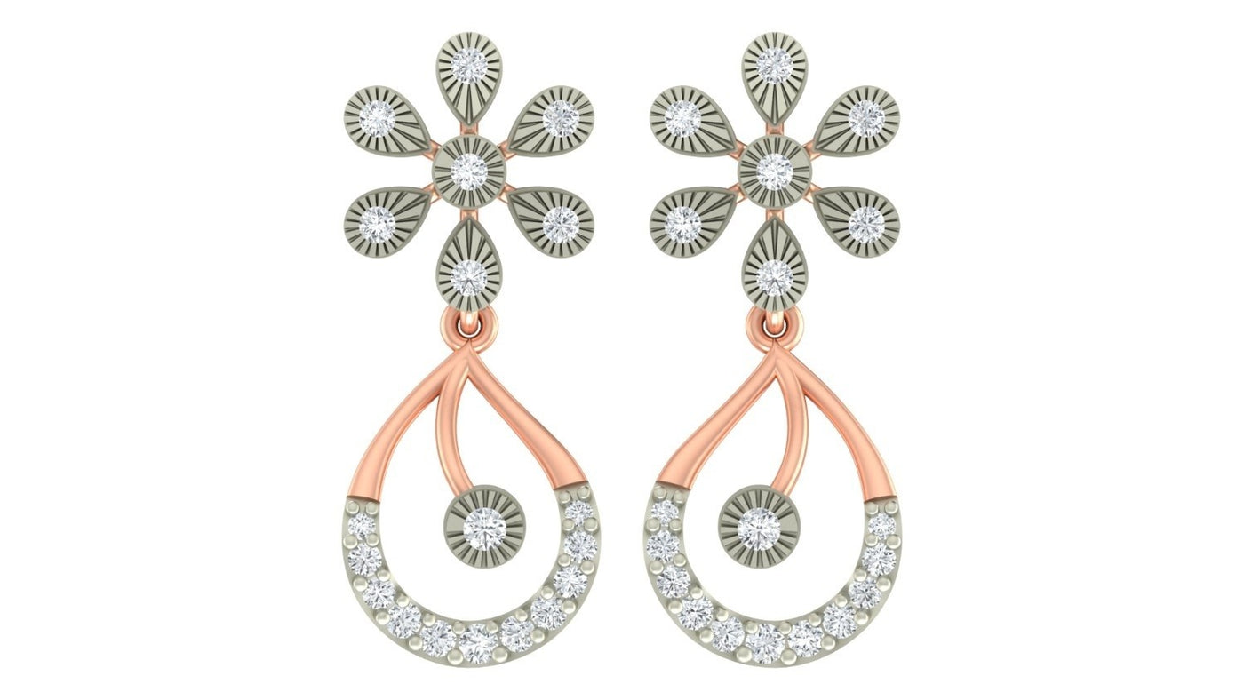 Pair of rose gold and diamond floral drop earrings on a white background.