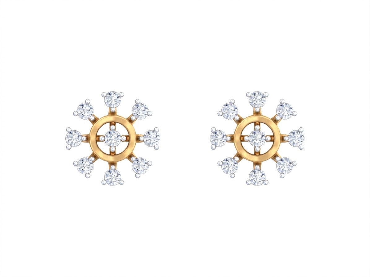 Yellow gold and diamond stud earring with floral-design on a white background.