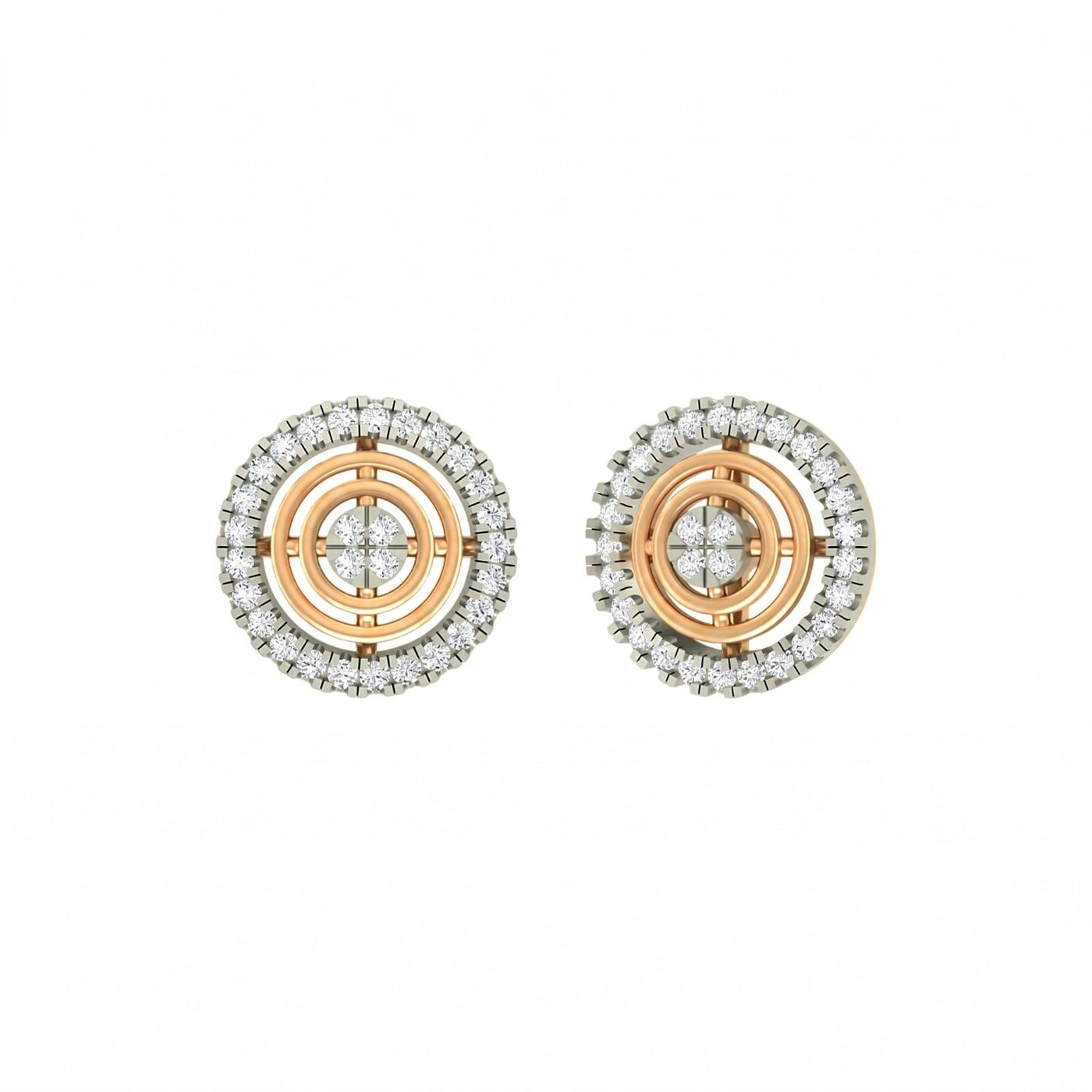 Yellow gold and diamond stud earring with round-shaped on a white background.
